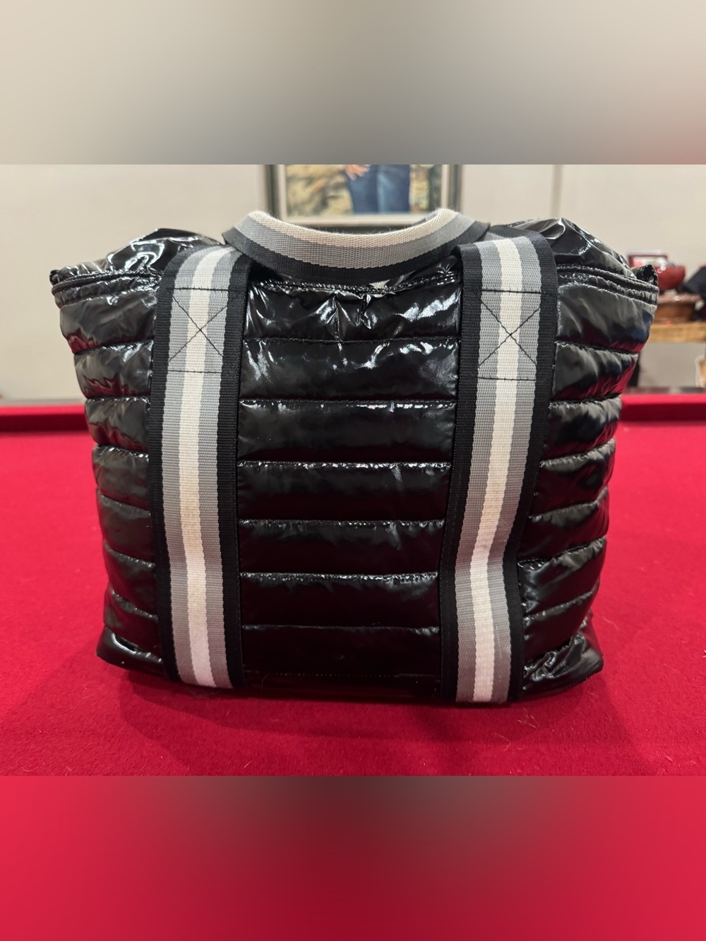 THINK ROYLN Womens Black Wingman Puffer Tote Travel Bag  Quilted Patent Leather